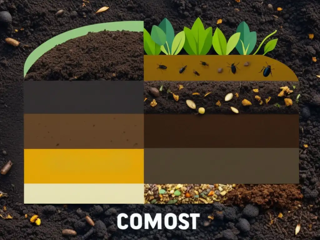 Detalle impresionante del proceso biológico del compostaje en casa, con capas de materia orgánica descomponiéndose en compost oscuro y rico