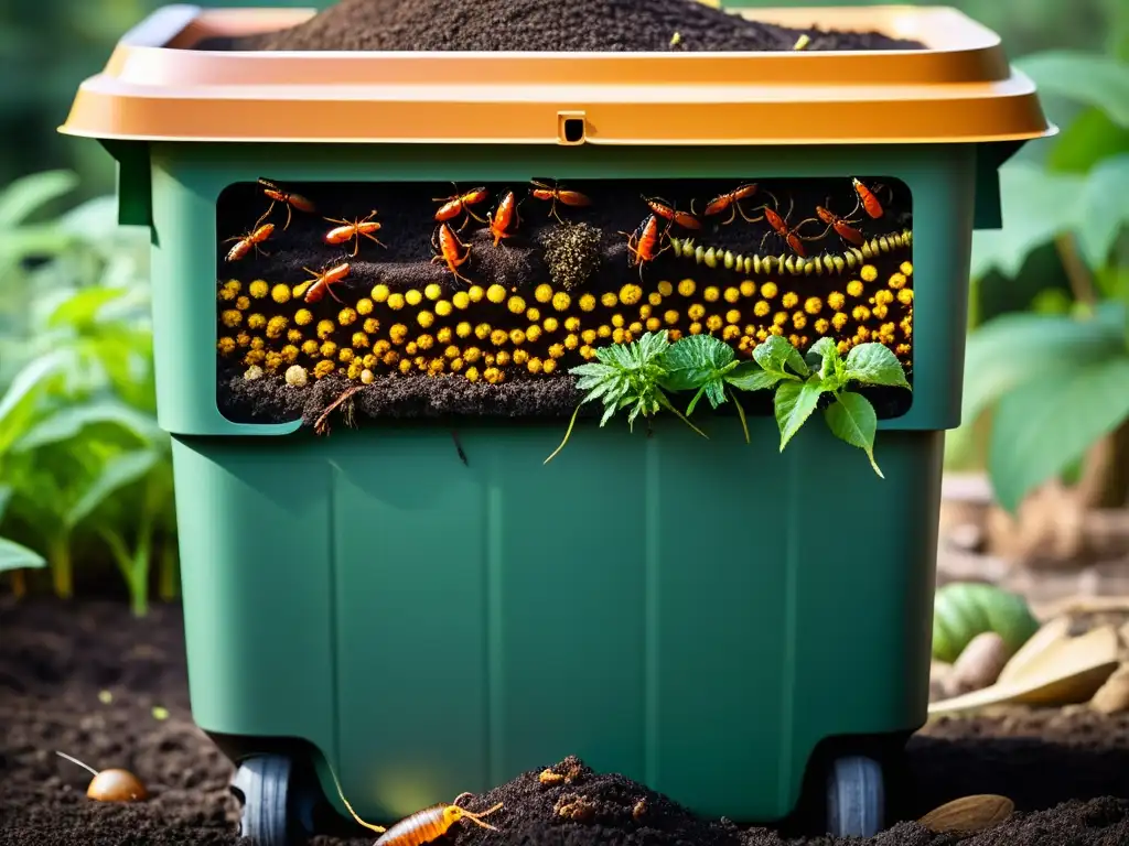 Detalle de insectos y lombrices en compostaje doméstico, mostrando la rica diversidad de organismos en acción y el proceso natural de descomposición