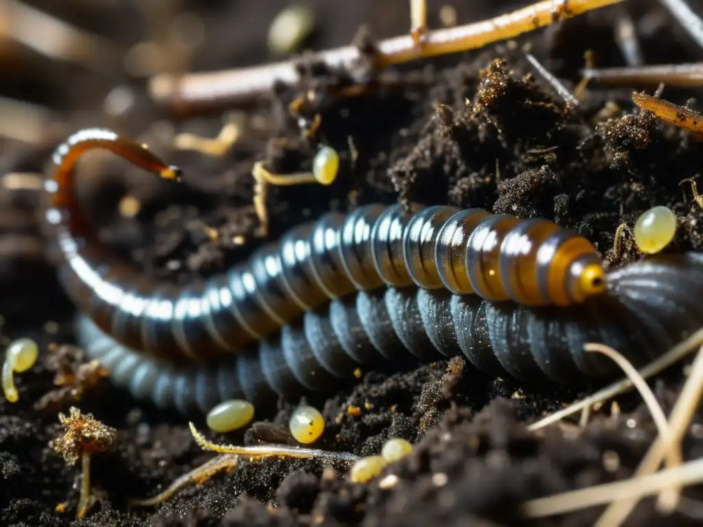 Detalle de invertebrados en compost, vida bulliciosa y descomposición visible en la tierra oscura