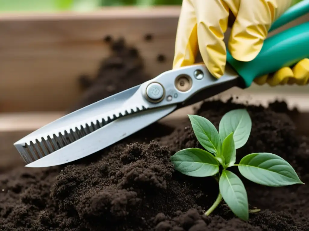 Detalle de limpieza minuciosa de tijeras de jardinería con limpiadores ecológicos, resaltando el cuidado y precisión en el mantenimiento de herramientas