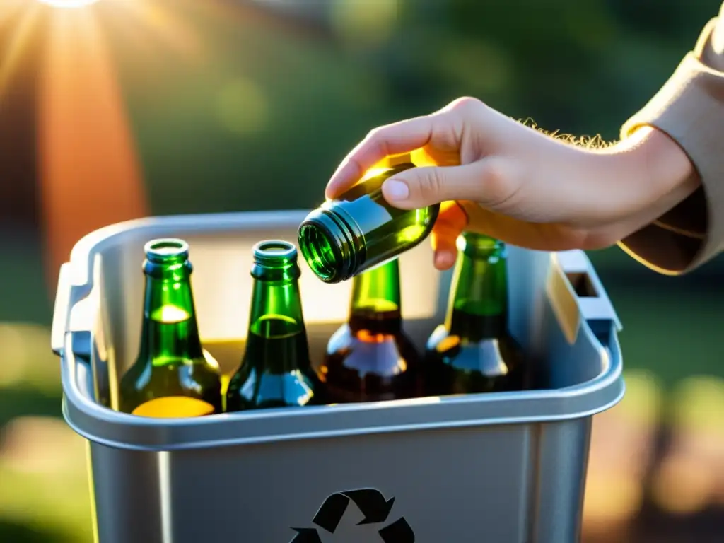 Detalle de mano depositando botella en reciclaje, resaltando importancia de separar residuos para reciclaje con gesto significativo