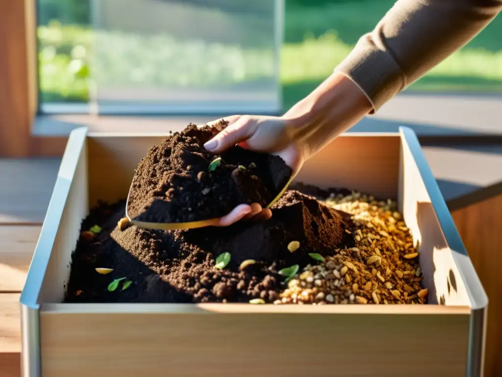 Detalle de manos expertas mezclando compost orgánico en un elegante contenedor de compostaje