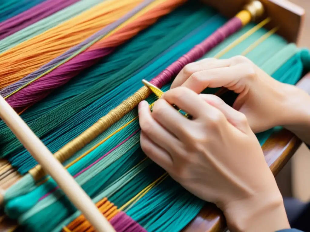 Detalle de las manos de un hábil artesano tejiendo con hilos reciclados sostenibles, creando una obra de arte textil colorida y sostenible