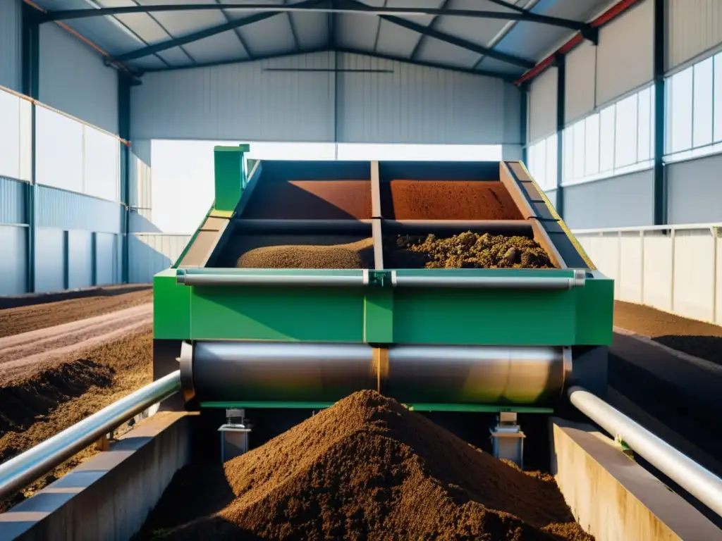 Detalle de máquina moderna de compostaje en la industria cárnica, transformando desechos en compost nutrienterico