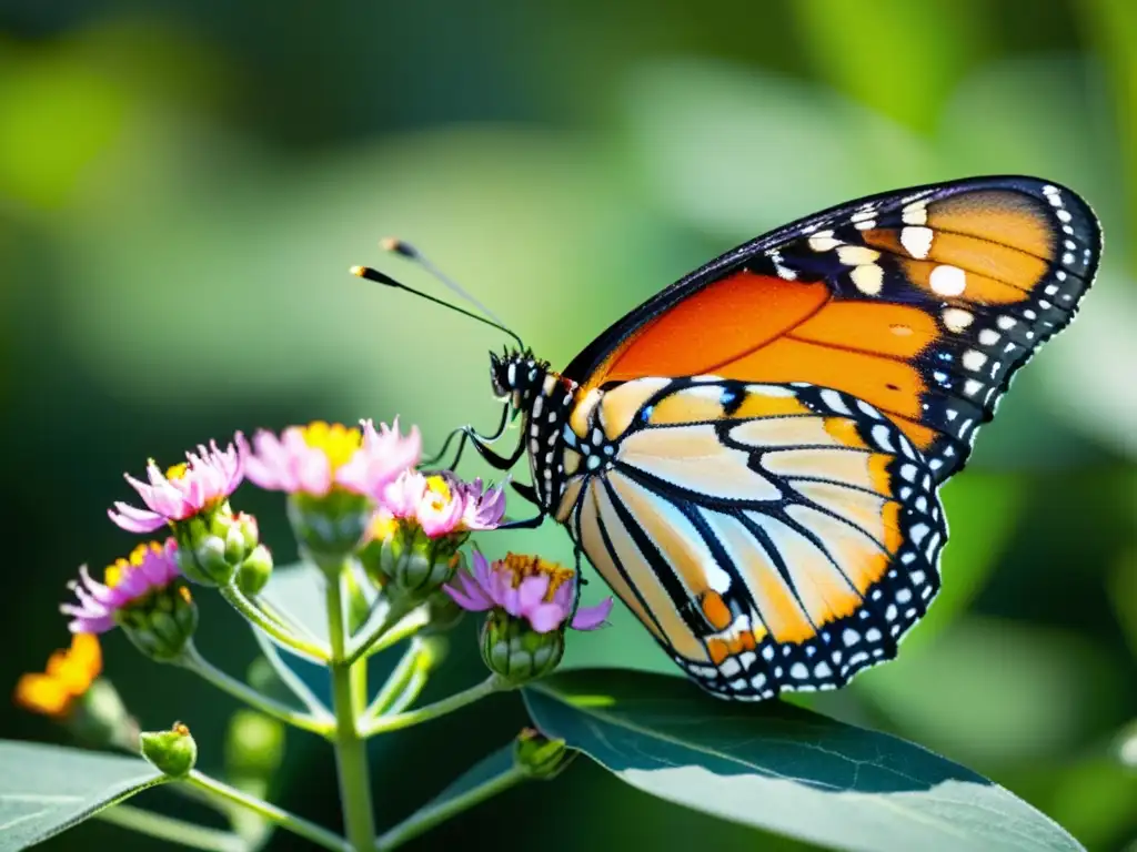 Detalle de una mariposa monarca sobre una flor de algodoncillo, iluminada por el sol en un jardín