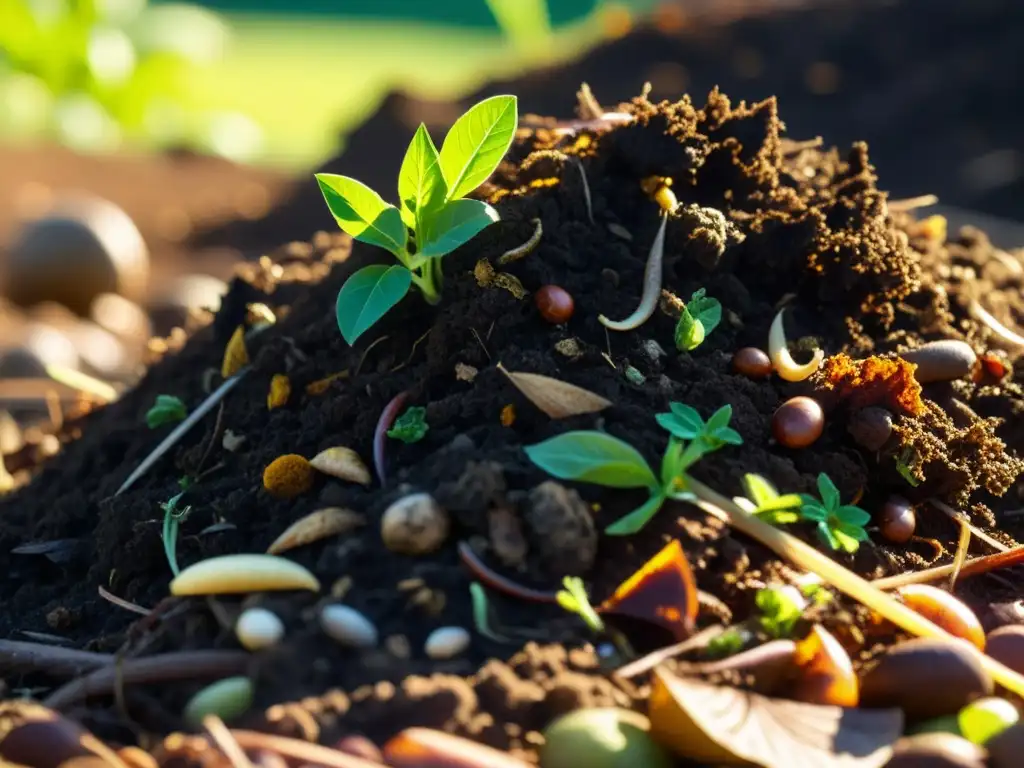 Detalle asombroso de compostaje: vida en descomposición Detalle de un montón de compost, mostrando capas de materia orgánica en descomposición, con organismos y luz dorada