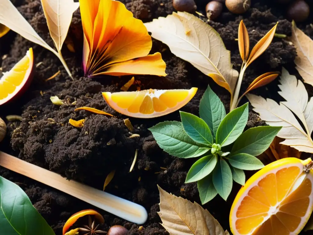 Detalle de un montón de compost con capas de materia orgánica en equilibrio, iluminado por el sol