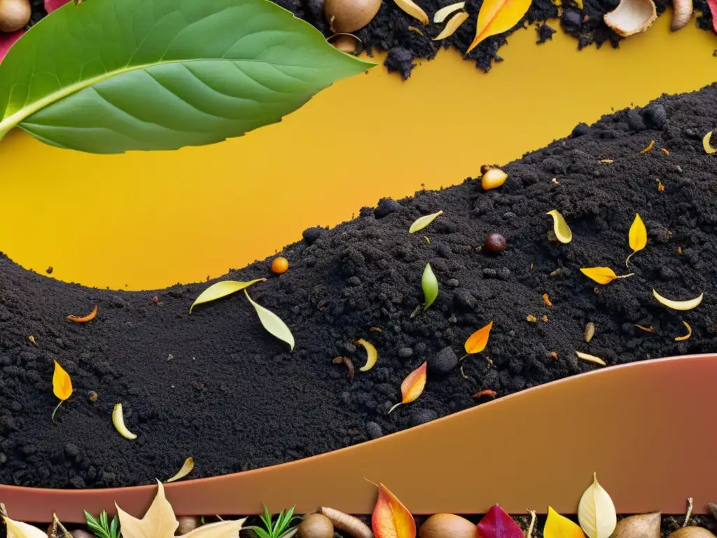 Detalle de un montón de compost con capas de materiales orgánicos en descomposición, mostrando la belleza natural del compostaje avanzado