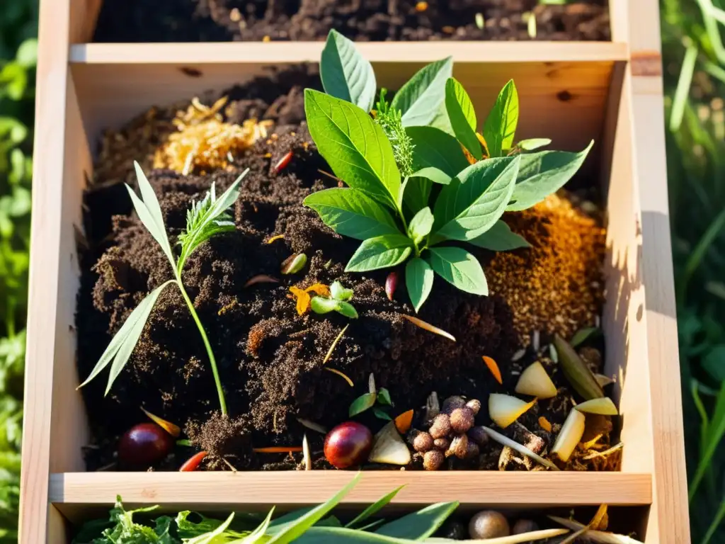 Detalle de un montón de compost casero en un contenedor de madera, nutriendo el jardín con sus colores y texturas vibrantes