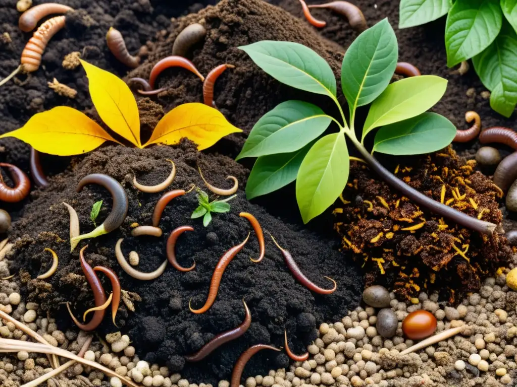 Detalle de un montón de compost en un jardín, destacando las capas de materia orgánica, hojas y tierra, con lombrices y otros descomponedores trabajando