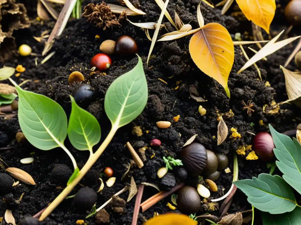 Detalle de un montón de compost con materiales orgánicos en diferentes etapas de descomposición