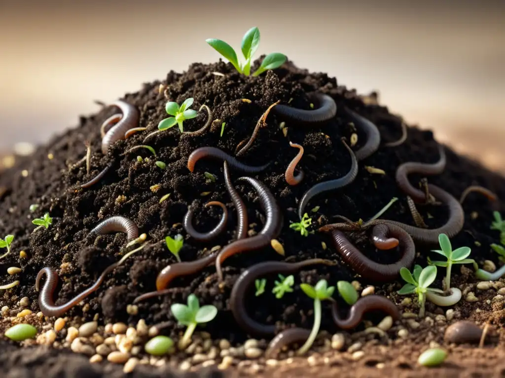 Detalle de un montón de compost oscuro y rico con capas de materia orgánica en descomposición, gusanos y brotes emergentes