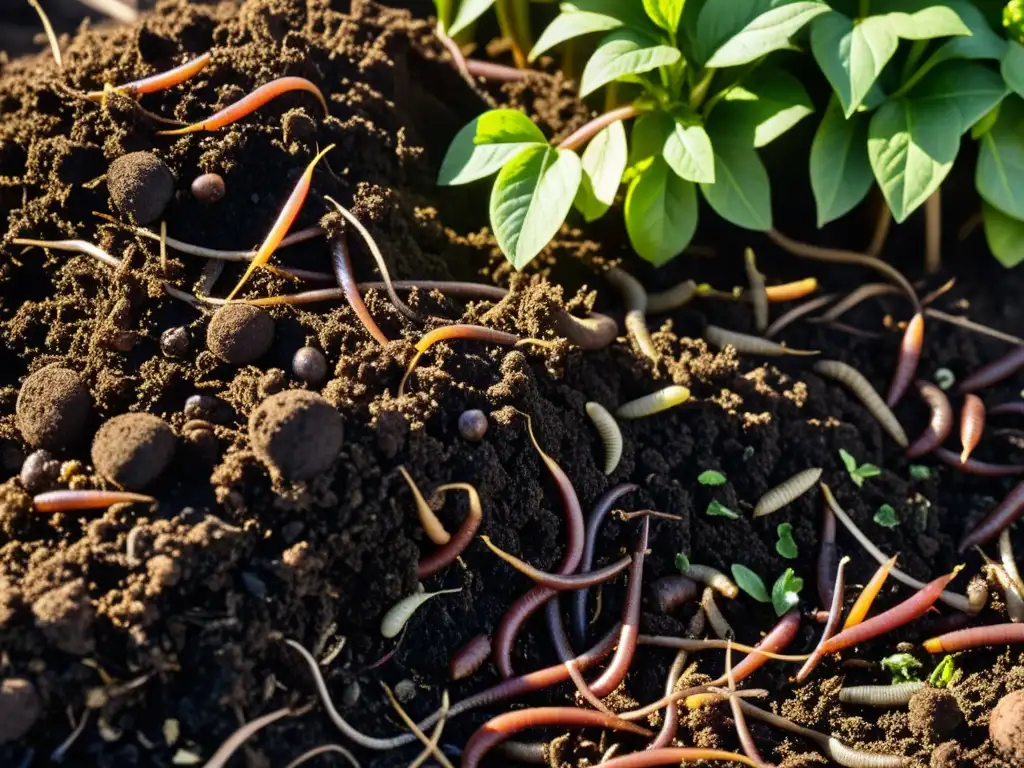 Detalle de un montón de compost con suelo oscuro y húmedo, lombrices y materia orgánica en descomposición