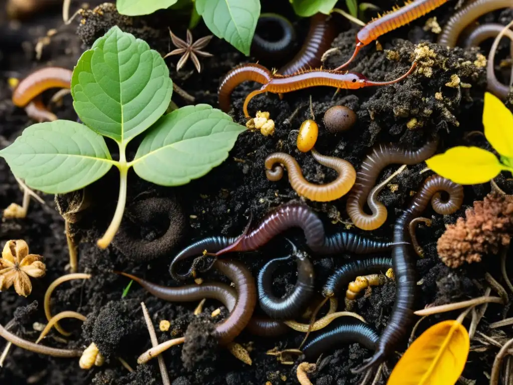 Detalle de un montón de compost con variadas etapas de descomposición, mostrando ricas texturas y colores