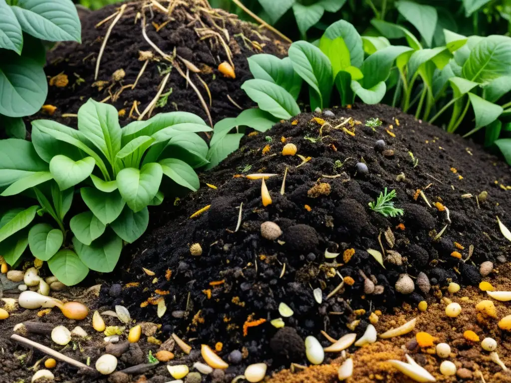 Detalle de montón de compost, muestra la red de materia orgánica en descomposición y la importancia de la biotecnología en compostaje