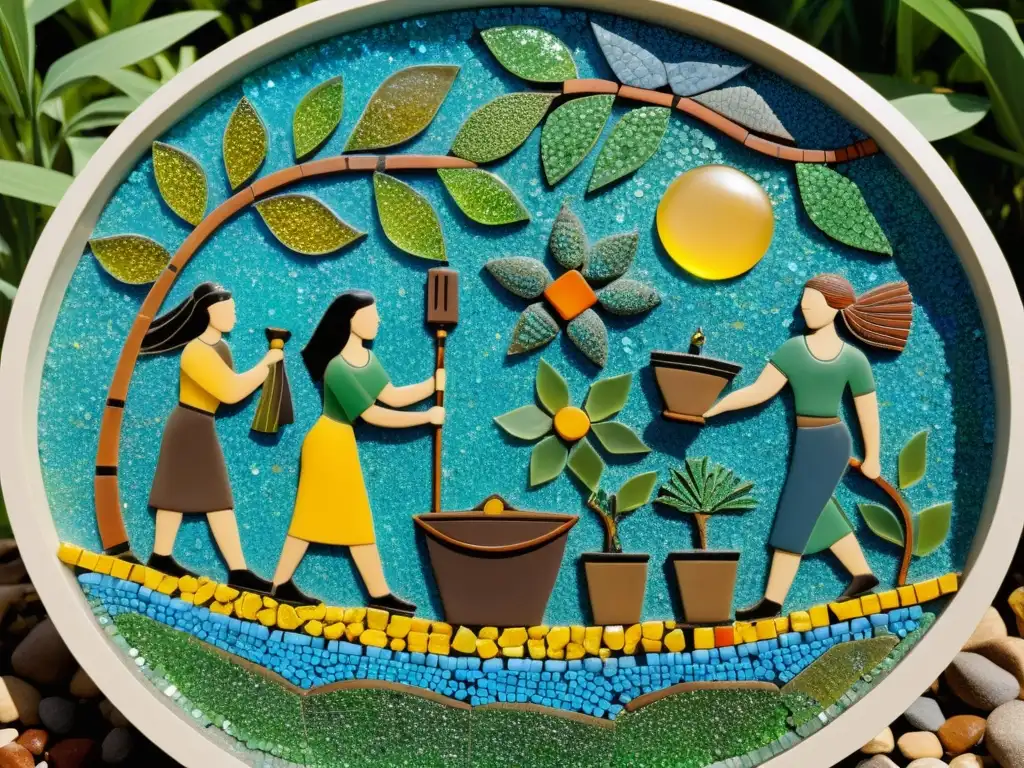 Detalle de mosaico: Prácticas de reciclaje en civilizaciones antiguas representadas en vibrantes colores y detallada artesanía