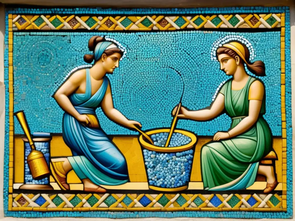 Detalle de mosaico romano mostrando el reciclaje de vidrio para crear arte