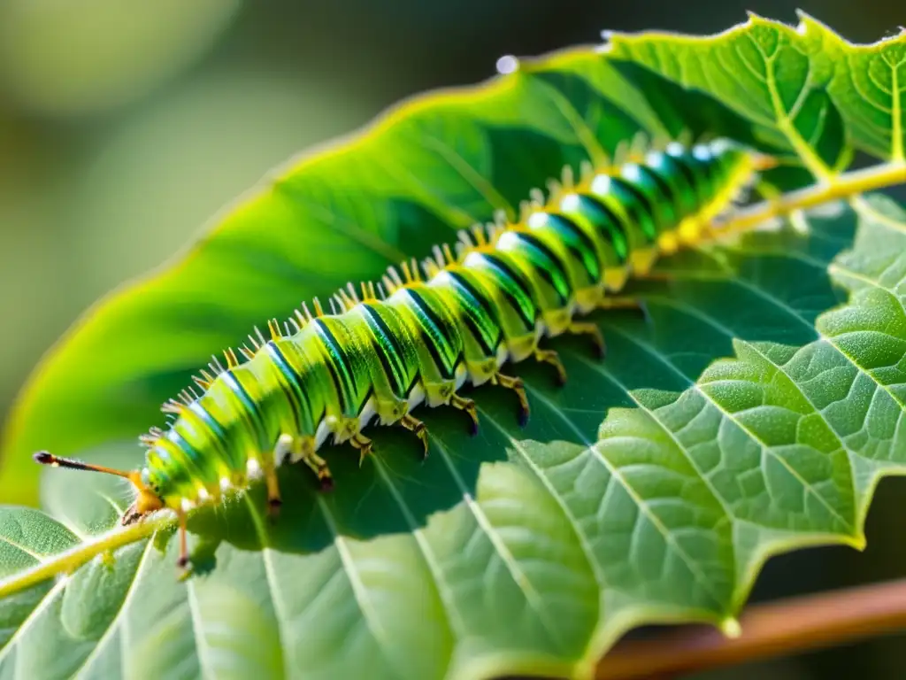 Detalle de oruga verde en hoja, disfrutando de la luz del sol en un jardín orgánico, resaltando los beneficios de la vida silvestre