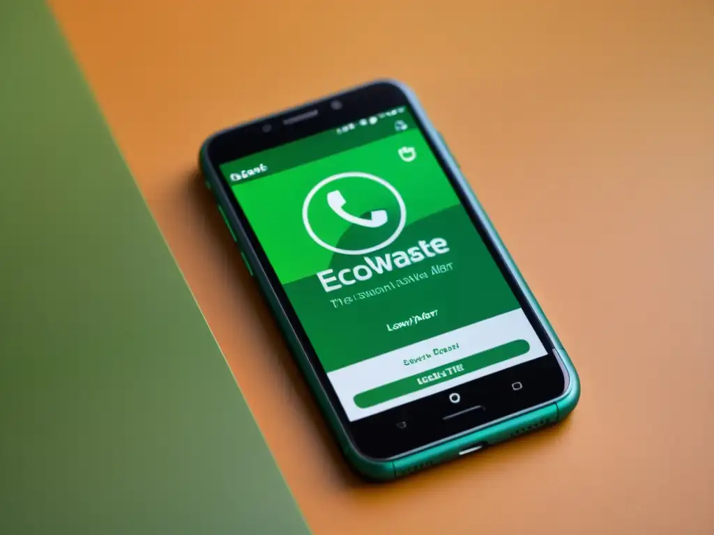 Detalle de pantalla de smartphone con app 'EcoWaste' y configuración de alertas reciclaje efectivo en diseño minimalista y tonos terrosos