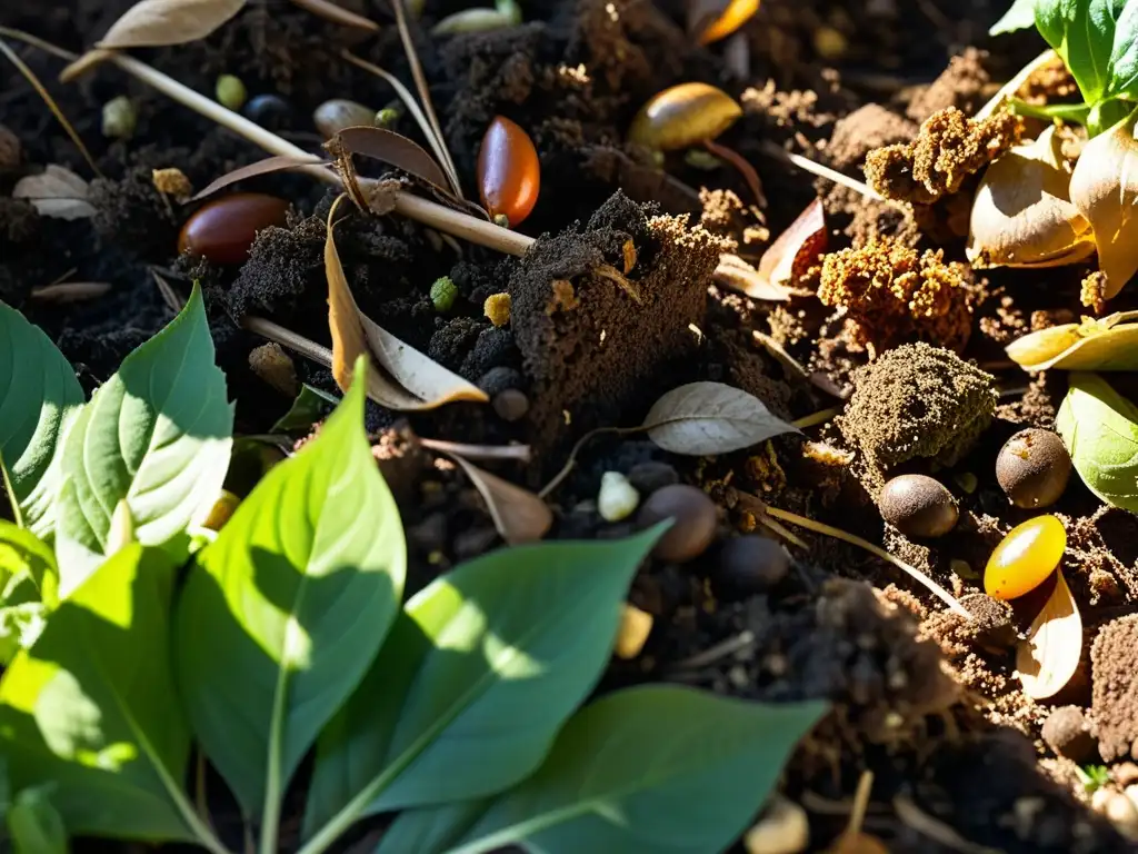 Detalle de un pequeño montón de compost en casa con capas de materia orgánica en diferentes etapas de descomposición