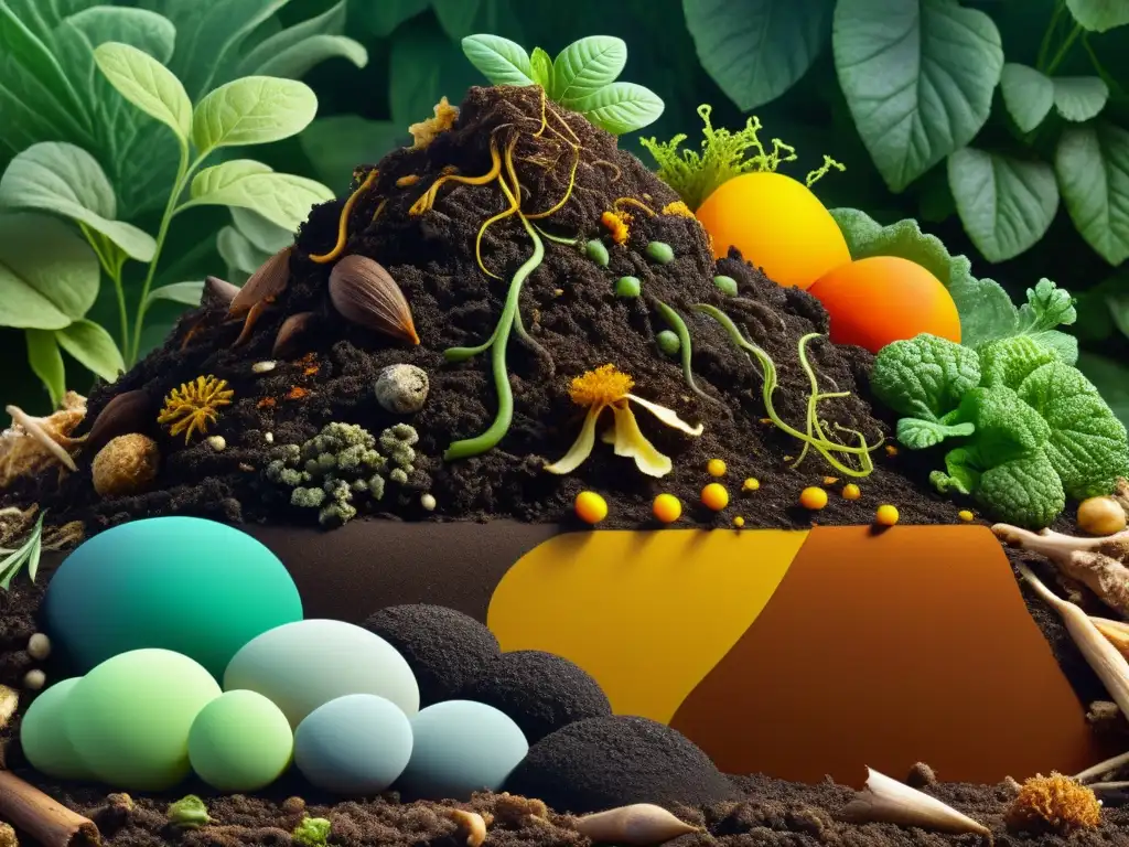 Detalle de pila de compost en descomposición, con microorganismos visibles y colores vibrantes, ilustrando los beneficios del compostaje en industria