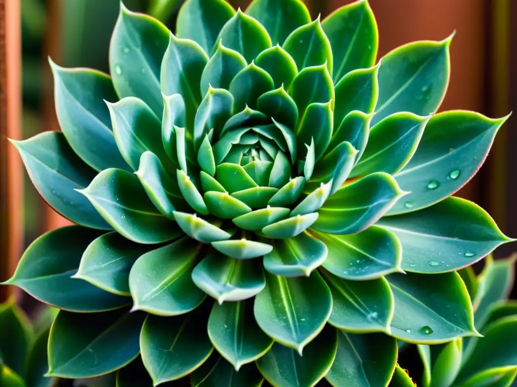 Detalle de planta suculenta con gotas de agua, resalta la belleza y resistencia del compostaje en jardinería orgánica en climas extremos