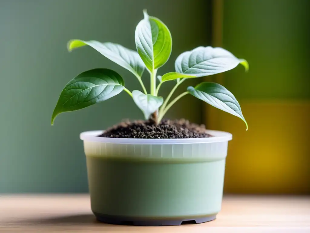 Detalle de planta vibrante en maceta compostable, mostrando beneficios de las macetas compostables para el crecimiento de las plantas