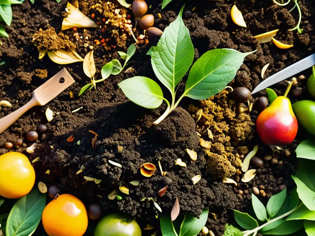 Detalle del proceso de descomposición en un compost, mostrando capas de materia orgánica en diferentes etapas