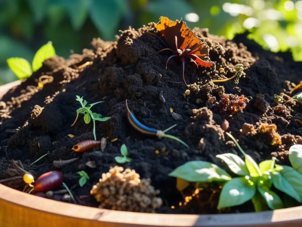 Detalle de un próspero compostaje en el jardín para principiantes, con actividad de lombrices, vapor y nutrientes en descomposición