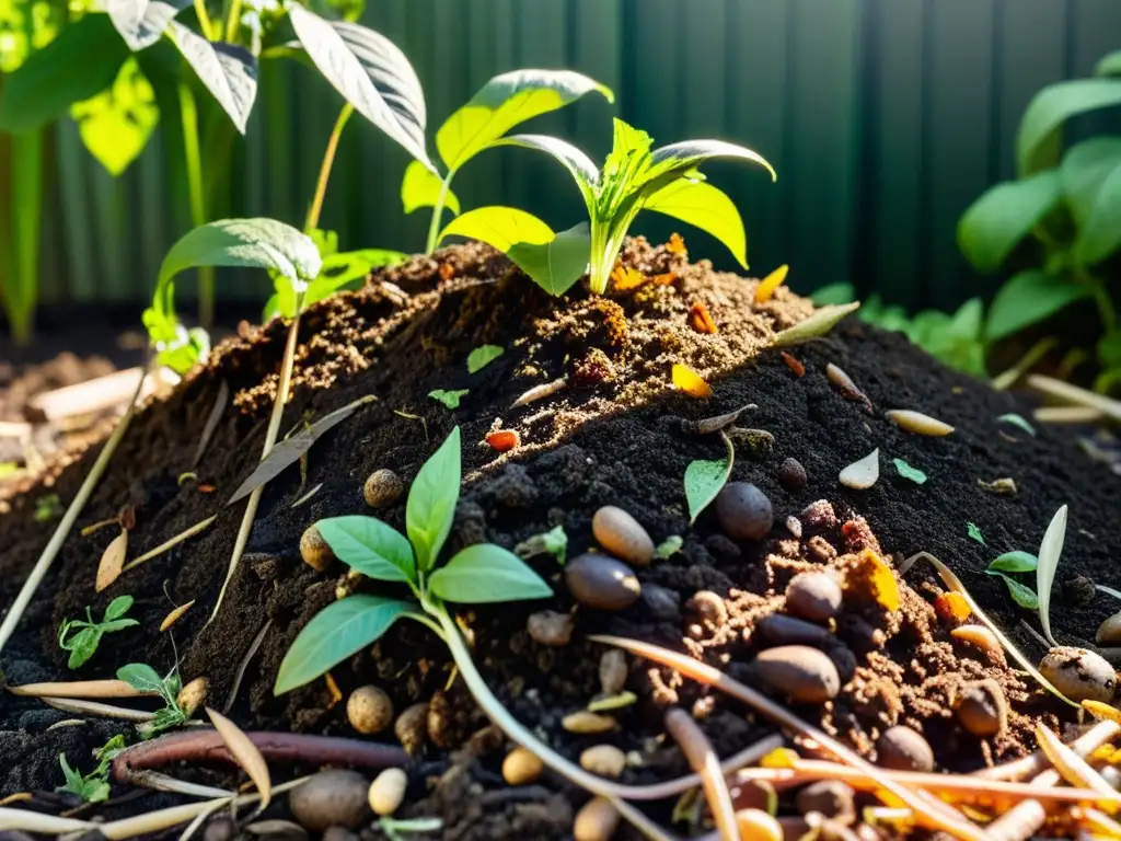 Detalle de técnica de compostaje de residuos alimentarios en un jardín, con capas de materia orgánica en descomposición y lombrices en suelos fértiles