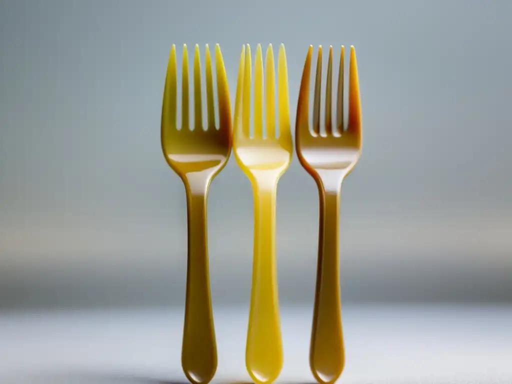 Detalle de tenedor de plástico biodegradable y tenedor de plástico tradicional en contraste