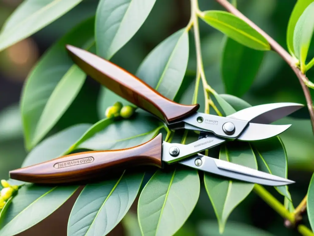 Detalle de tijeras de poda precisas y responsables, con hojas afiladas y mango ergonómico de madera sostenible