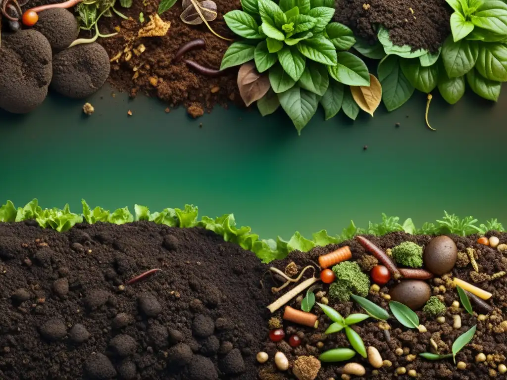 Detalle ultradetallado de un montón de compost, con capas de materiales verdes y marrones en equilibrio de carbono y nitrógeno, mostrando descomposición y lombrices trabajando