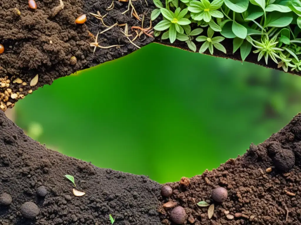 Detalle ultradetallado de una pila de compost, con capas de materia orgánica y microorganismos, resaltando la biotecnología en compostaje hogar