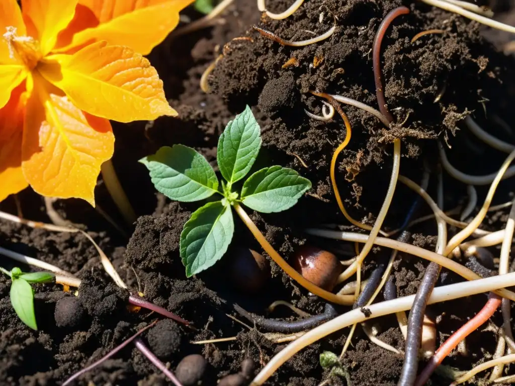 Detalle ultrarrealista de un montón de compost con descomposición de materia orgánica y problemas en la descomposición del compost