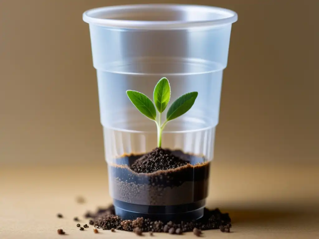 Detalle de vaso bioplástico transparente con tierra y planta brotando, resaltando la relación armoniosa entre bioplásticos y compostables en reciclaje