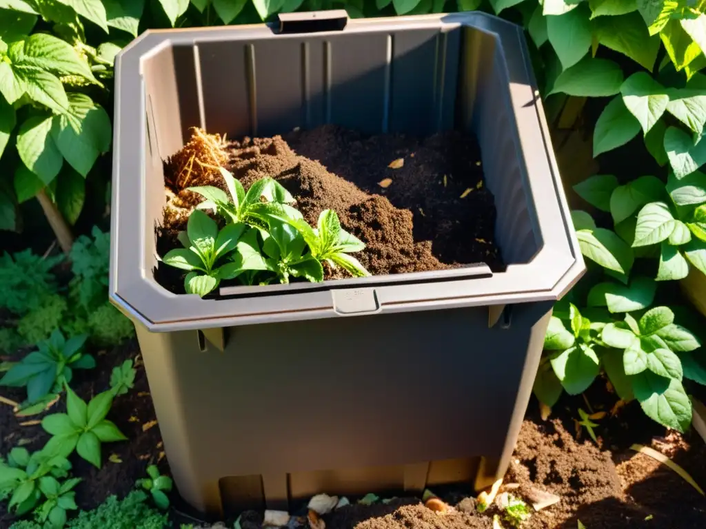 Detalle vibrante de un compostero casero rodeado de plantas verdes, iluminado por el sol