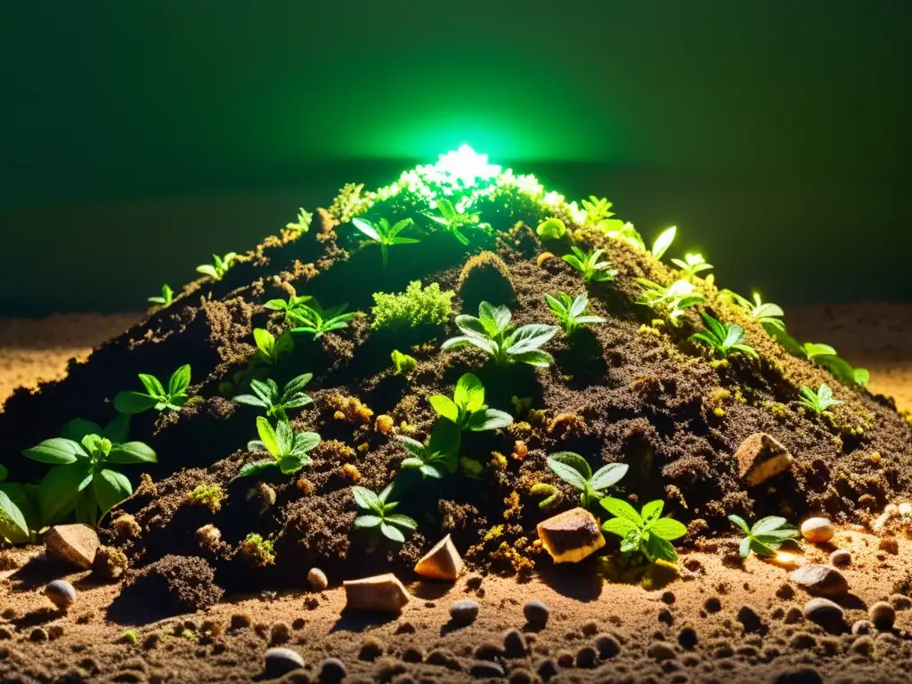 Detalle vibrante de un montón de compost iluminado por luces LED, revelando los beneficios de la iluminación LED en el compostaje