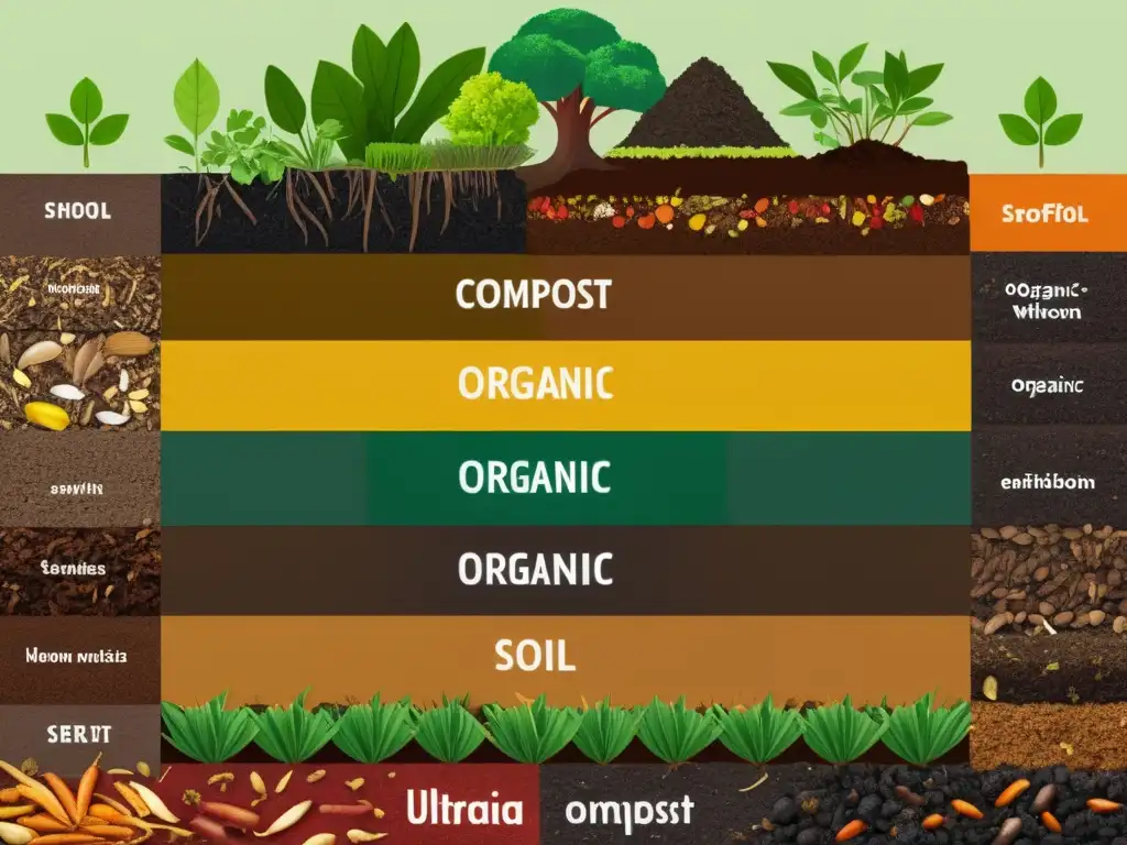 Detalle vibrante de un montón de compost, mostrando la descomposición de materiales orgánicos con actividad microbiana y lombrices