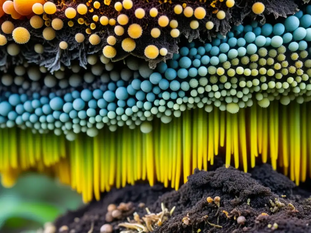 Detalle vibrante de organismos en compostaje, observando descomposición y compostaje en acción en un montón de compost