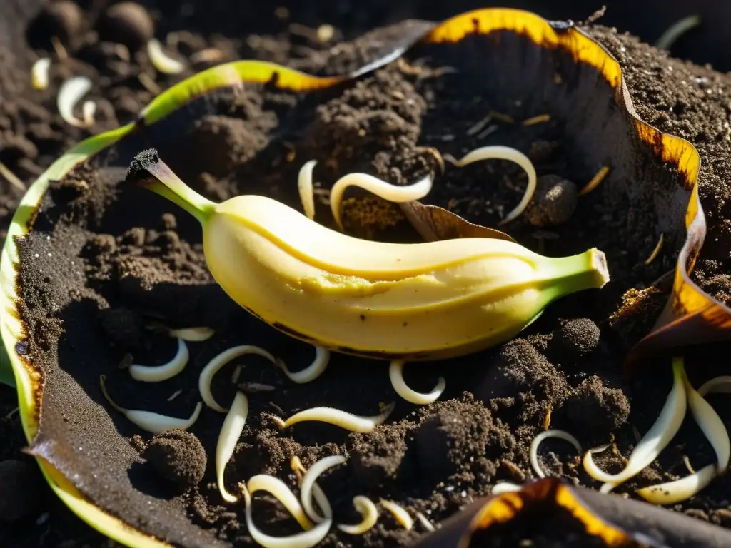 Detalle vívido de descomposición de un plátano en compostaje, mostrando la vida en proceso de descomposición de materiales en el tiempo