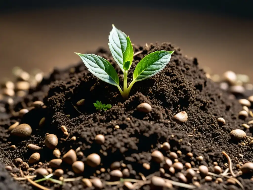 Detalles asombrosos del compostaje en cadenas de comida rápida: planta verde emergiendo de compost oscuro, resaltando belleza y complejidad natural