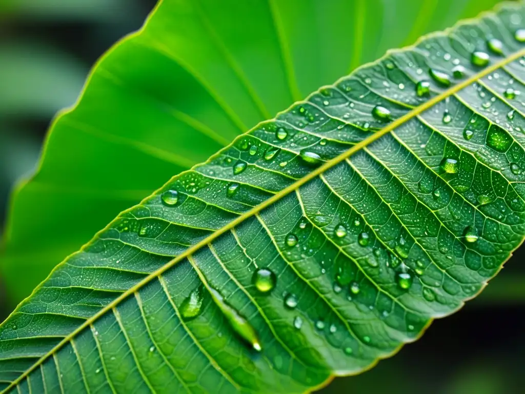 Detalles asombrosos de una hoja verde brillante con gotas de agua, en contraste con un fondo suave y difuminado