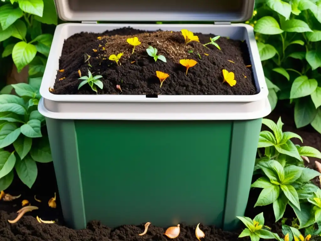 Detalles de un compostador casero con compostaje rico y orgánico, repleto de vida y capas de descomposición, rodeado de plantas