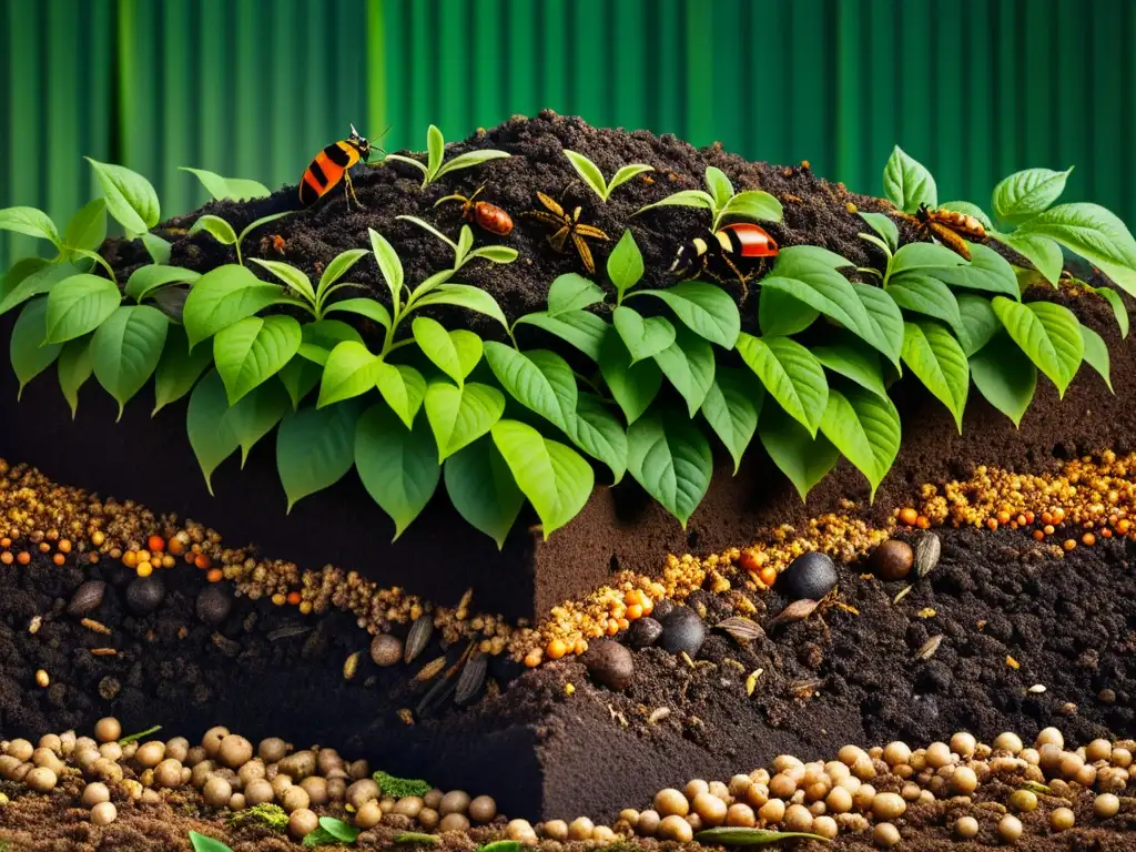 Detalles de un compostaje exuberante con materia orgánica en descomposición, suelo fértil y insectos, rodeado de hojas verdes