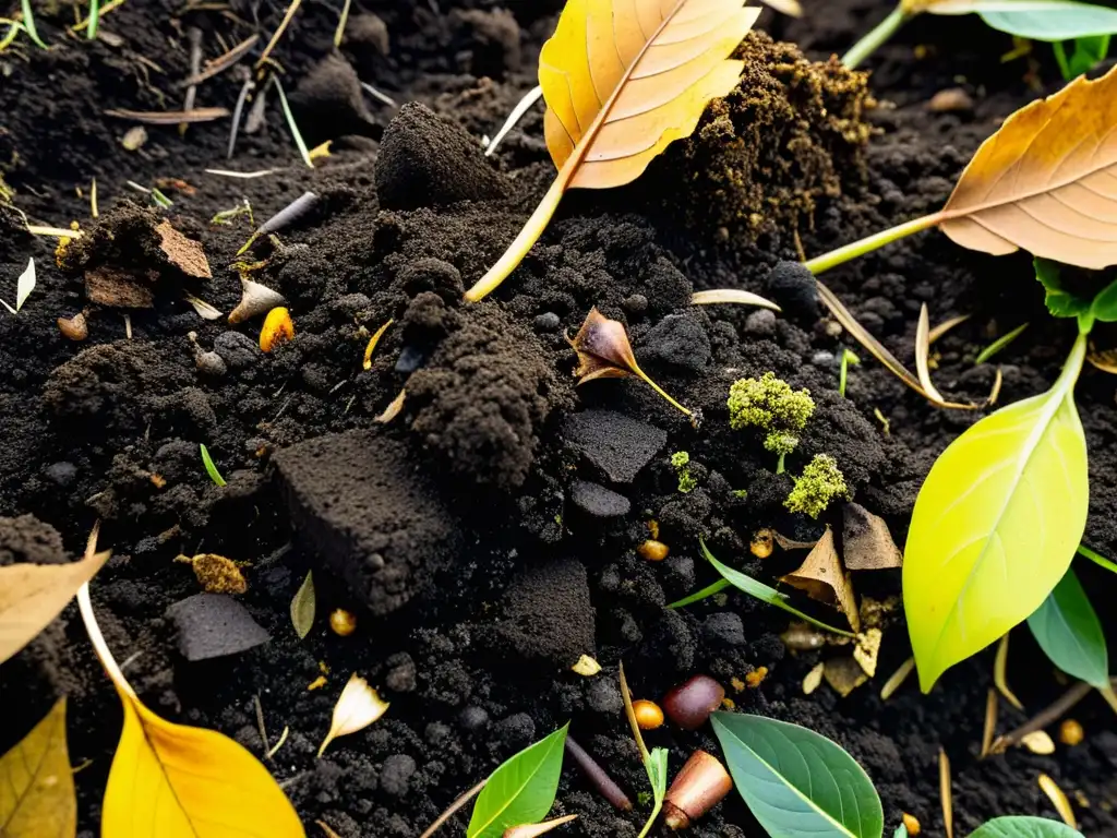 Detalles de un compostaje natural, con capas de materia orgánica descomponiéndose y revelando suelo oscuro y rico