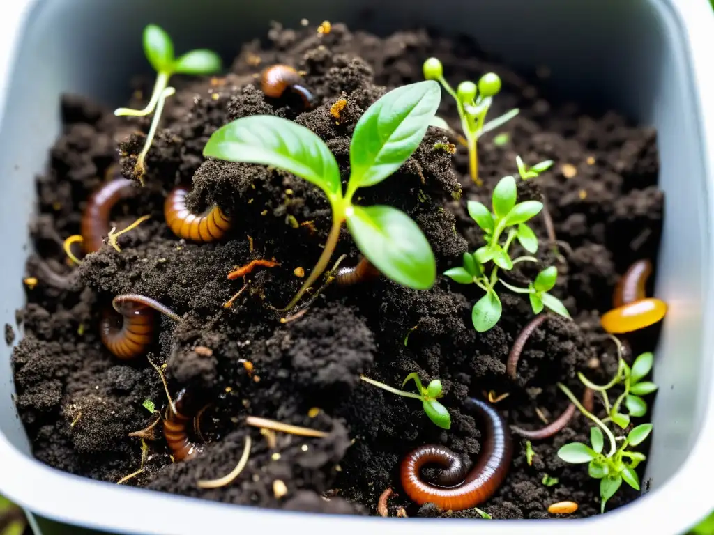 Detalles de compostaje con tierra oscura llena de lombrices y brotes verdes, reciclaje para reducir huella ecológica