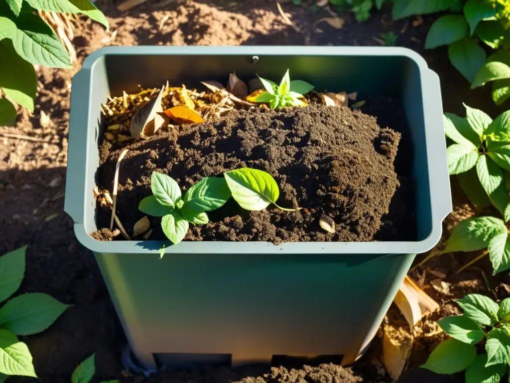 Compostaje en Acción: Detalles Orgánicos en el Jardín Detalles de un compostero casero sostenible con capas de desechos orgánicos, hojas y tierra