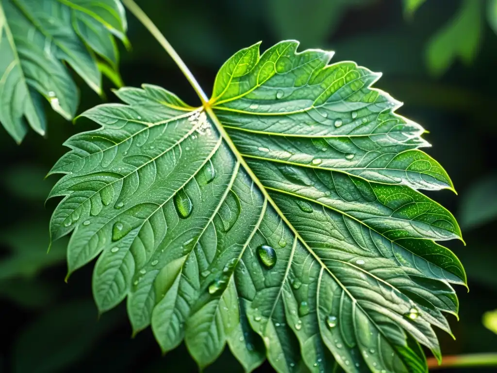 Detalles de una hoja verde exuberante con delicadas venas y gotas de agua, iluminada por el sol