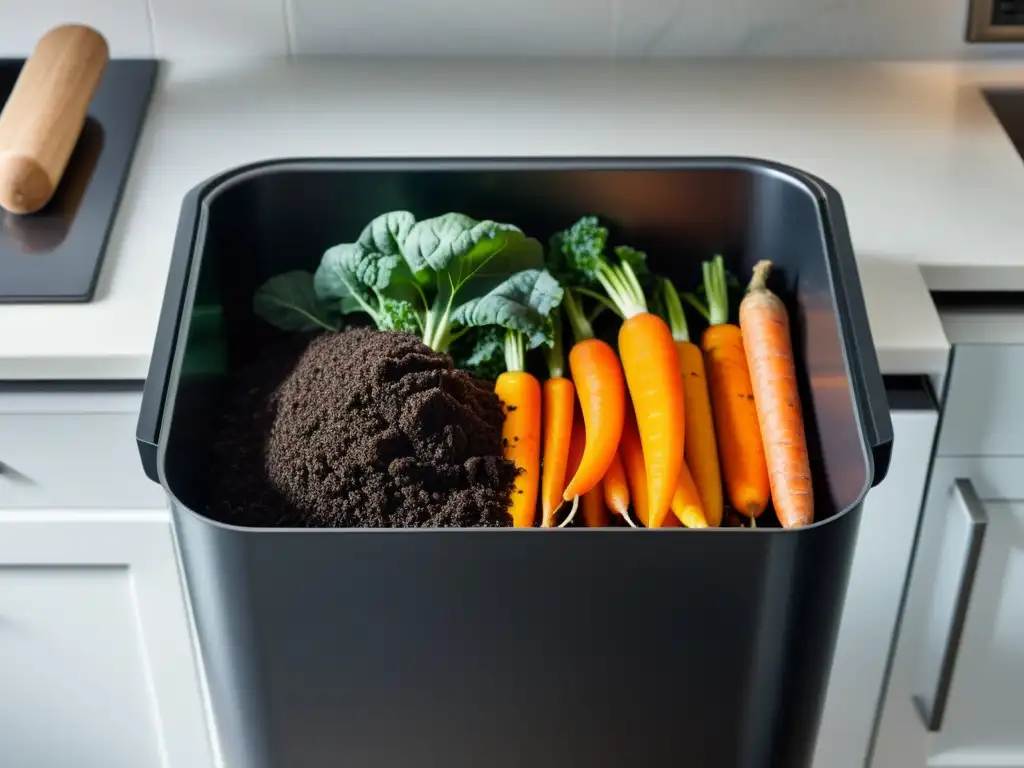 Detalles impresionantes del compostaje en una cocina moderna y ecológica